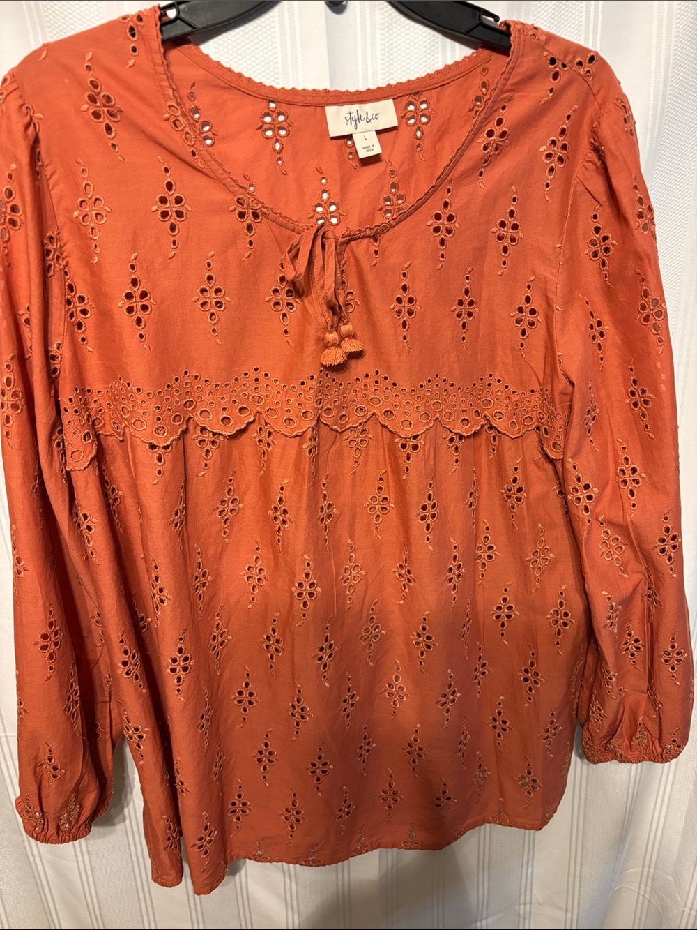 Style & Co. Burnt Orange Eyelet Tie-Neck Tunic